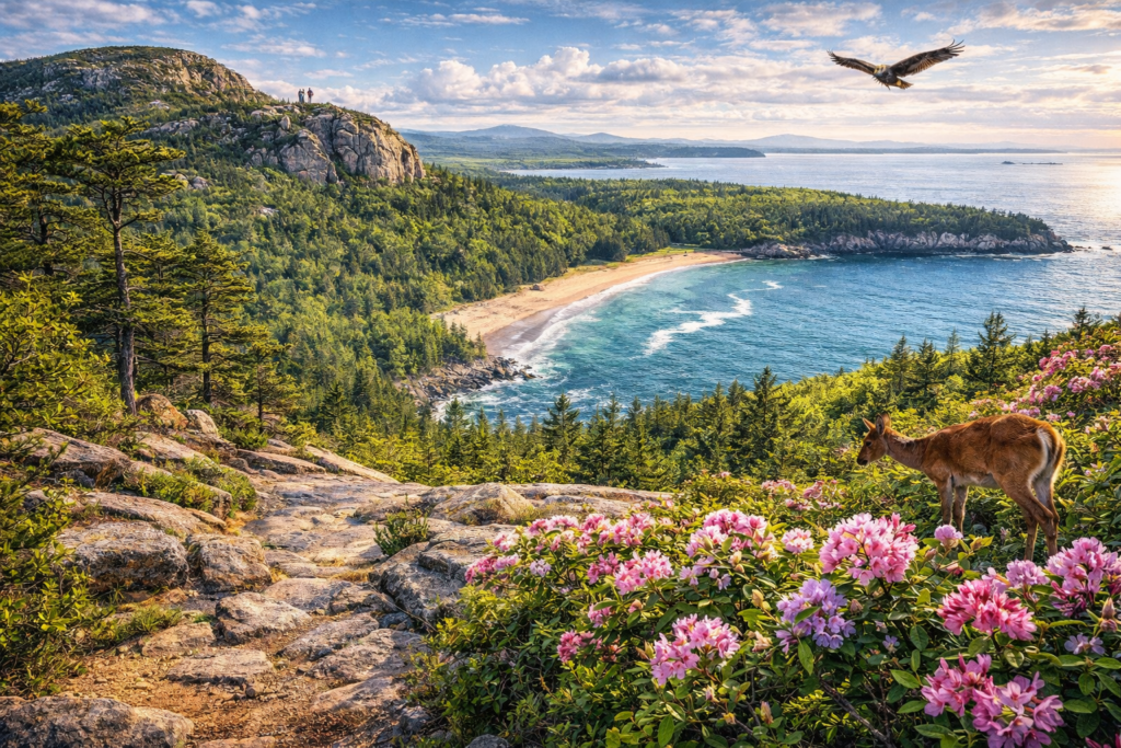 Spring landscape in Acadia National Park featuring hikers on a granite trail above Sand Beach, blooming pink wildflowers, a deer grazing near coastal cliffs, turquoise Atlantic waves below, and an osprey soaring over Mount Desert Island.