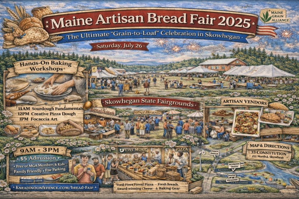 Illustrated 16:9 event map of the 2025 Maine Artisan Bread Fair at Skowhegan State Fairgrounds featuring vendor tents, wood-fired ovens, Midway Kitchen workshops, live music stage, and Central Maine countryside backdrop.