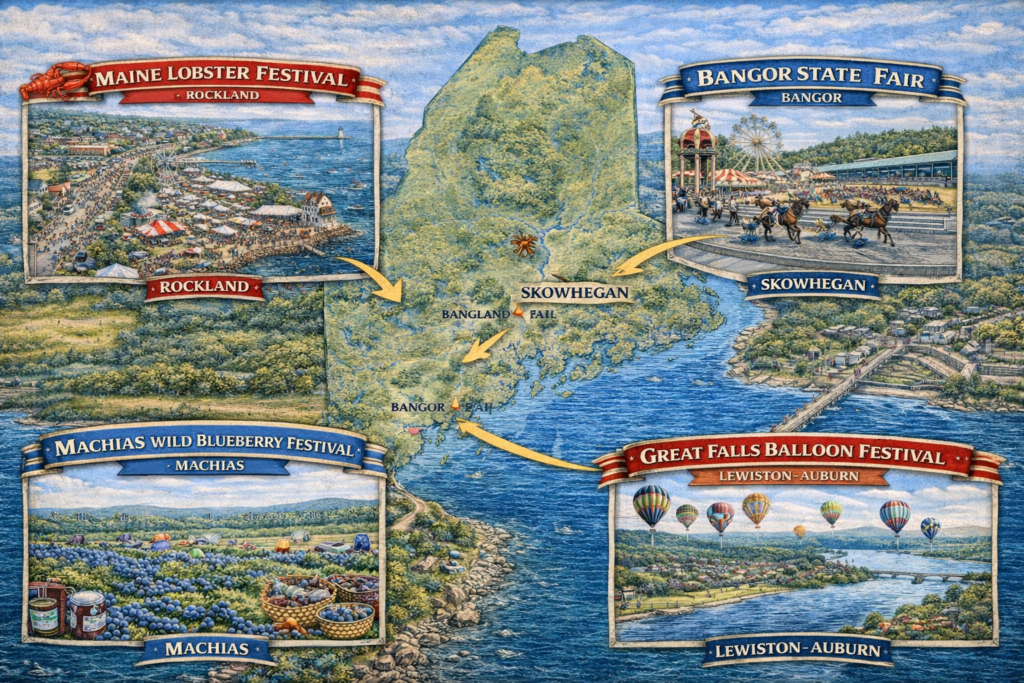 Illustrated 16:9 event map of Maine highlighting August 2025 festivals including Maine Lobster Festival in Rockland, Bangor State Fair, Skowhegan State Fair, Machias Wild Blueberry Festival, and Great Falls Balloon Festival in Lewiston-Auburn.