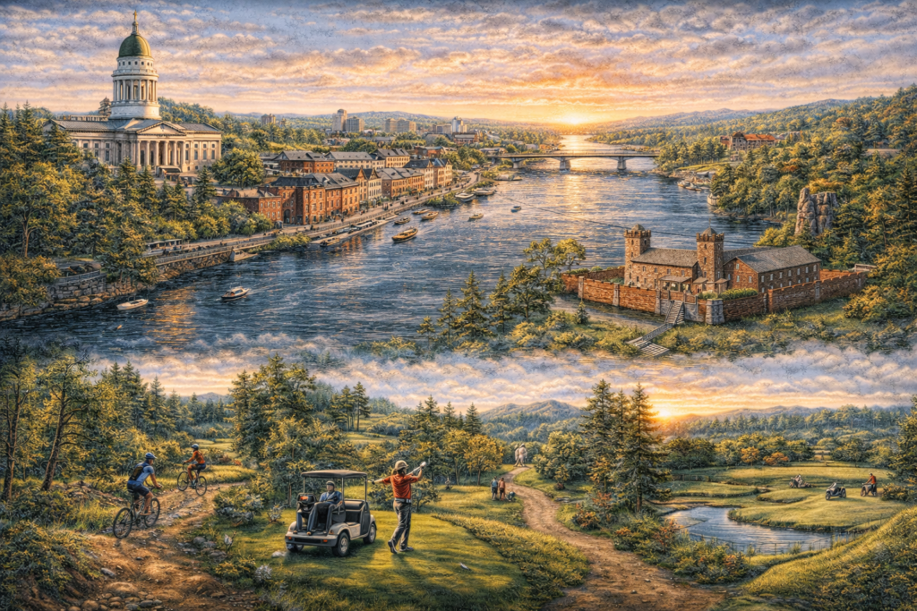 Collage of Augusta Maine featuring the Maine State House, Old Fort Western, Kennebec River waterfront, Bond Brook mountain biking trails, and downtown riverfront at sunset.