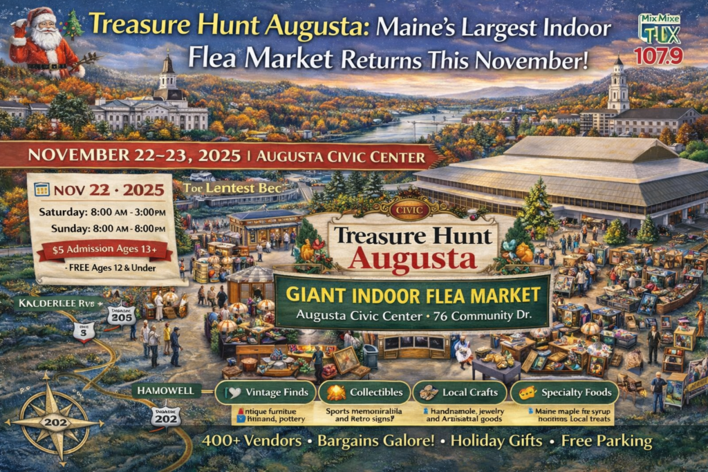 Treasure Hunt Augusta indoor flea market event map featuring Augusta Civic Center, Kennebec River, and vendor booths for Maine’s largest indoor flea market in November 2025.
