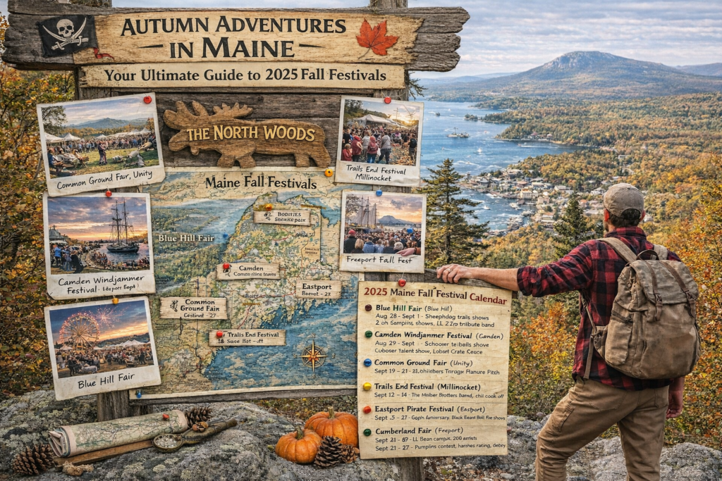 Illustrated 2025 Maine Fall Festivals map featuring Blue Hill Fair, Camden Windjammer Festival, Eastport Pirate Festival, Common Ground Fair, Trails End Festival, Cumberland Fair, and Freeport Fall Fest across the North Woods and coastal Maine.