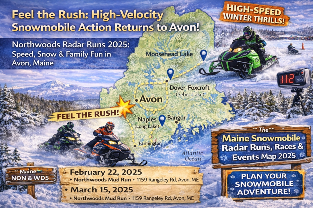 Illustrated map showing Maine snowmobile radar runs and racing events in Avon, Maine, with snowmobilers on groomed trails surrounded by winter forest scenery.