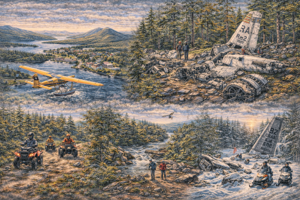 Detailed 16:9 illustrated collage of Maine’s B-52 Crash Site Memorial on Elephant Mountain near Greenville, featuring aircraft wreckage in forest, Moosehead Lake aerial view, ATV trail access, and winter snowmobile approach.