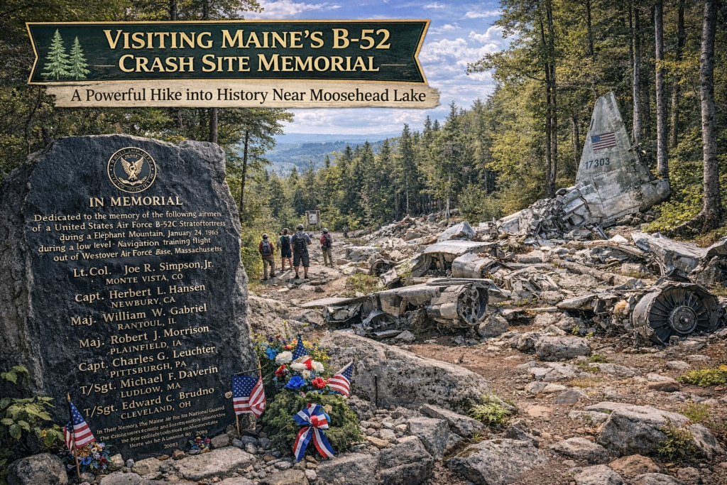 B-52 Crash Site Memorial on Elephant Mountain near Greenville Maine with Cold War aircraft wreckage and forested Moosehead Lake region backdrop