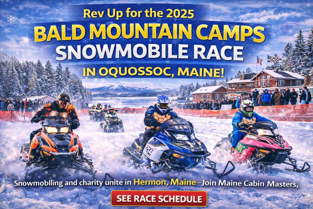 Snowmobiles racing on a groomed track at Bald Mountain Camps in Oquossoc, Maine, surrounded by snowy mountains and frozen lakes during the 2025 snowmobile race.