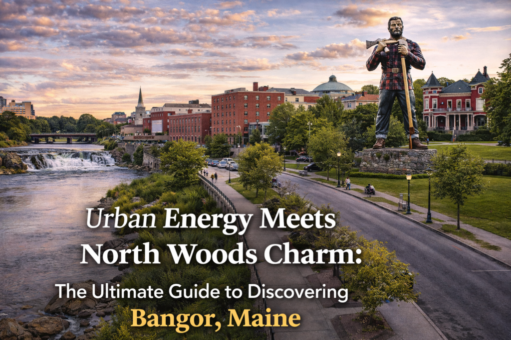 Scenic view of Bangor, Maine along the Penobscot River with downtown skyline, historic architecture, green riverfront trails, and vibrant summer foliage.