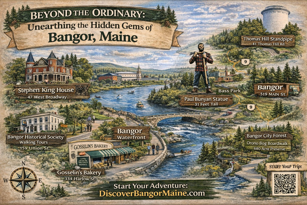 Illustrated map highlighting hidden gems in Bangor, Maine, including the Stephen King House, Paul Bunyan statue, Orono Bog Boardwalk, downtown landmarks, and nearby natural areas.