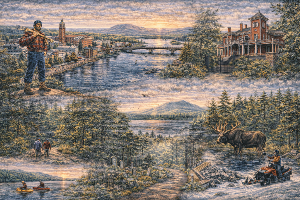 A realistic 16:9 illustrated aerial map of Bangor, Maine highlighting the Penobscot River, downtown skyline, Bangor City Forest, Mount Hope Cemetery, and surrounding North Woods wilderness in vibrant natural colors.