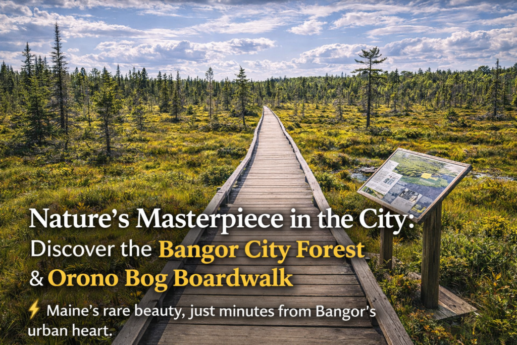 Bangor City Forest and Orono Bog Boardwalk with vibrant green forest trails, wooden boardwalk over peat bog wetlands, and clear blue summer skies in Bangor, Maine.