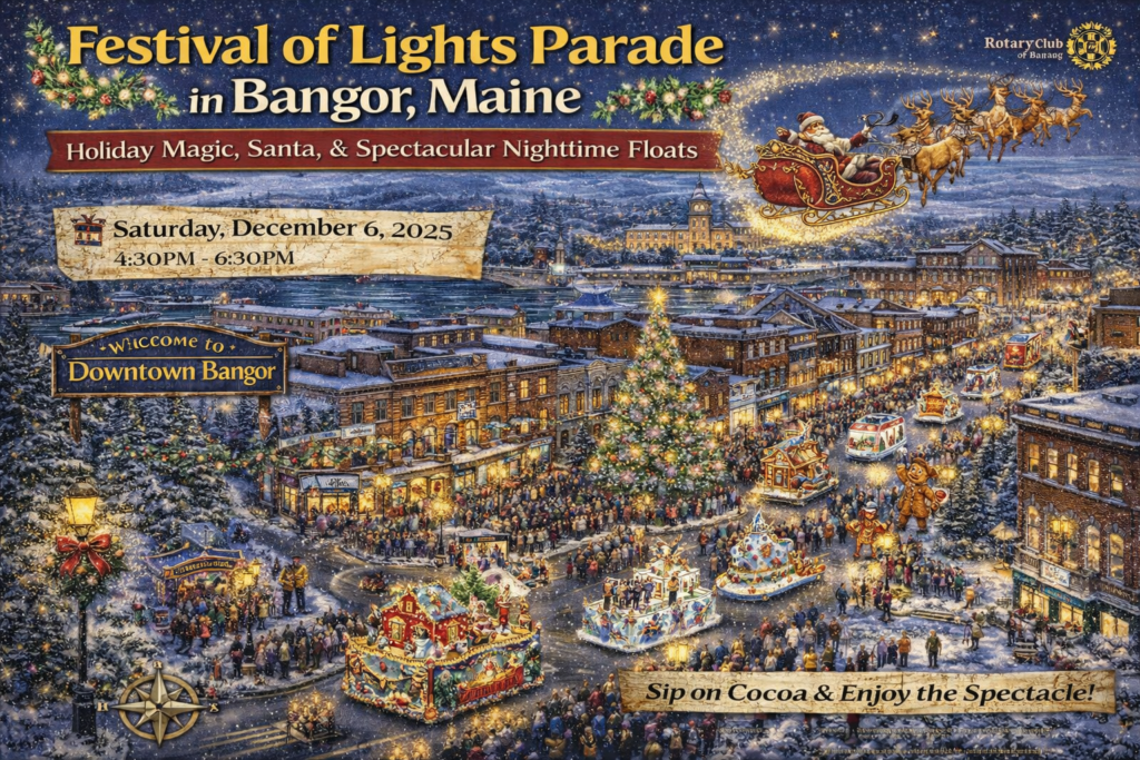 Festival of Lights Parade 2025 in Downtown Bangor Maine featuring illuminated floats, Santa in a sleigh, West Market Square Christmas tree, and festive nighttime crowds.