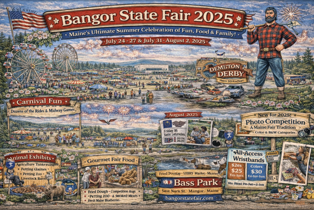 Illustrated event map of the 2025 Bangor State Fair at Bass Park in Bangor, Maine, featuring carnival rides, demolition derby arena, food vendors, animal exhibits, fireworks, and fairgrounds layout in vibrant summer colors.