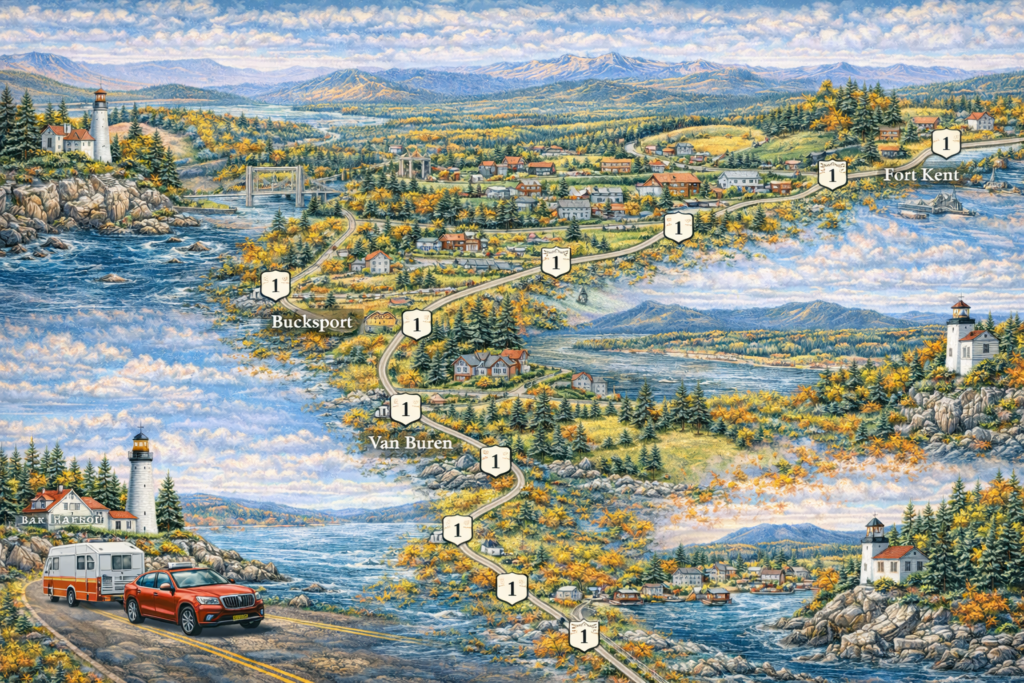 Scenic illustrated map of Maine Route 1 from Bar Harbor to Aroostook County featuring coastal lighthouse views, Bucksport bridge, Van Buren river valley, Presque Isle farmland, Fort Kent mountains, and northern Maine forests in autumn color.