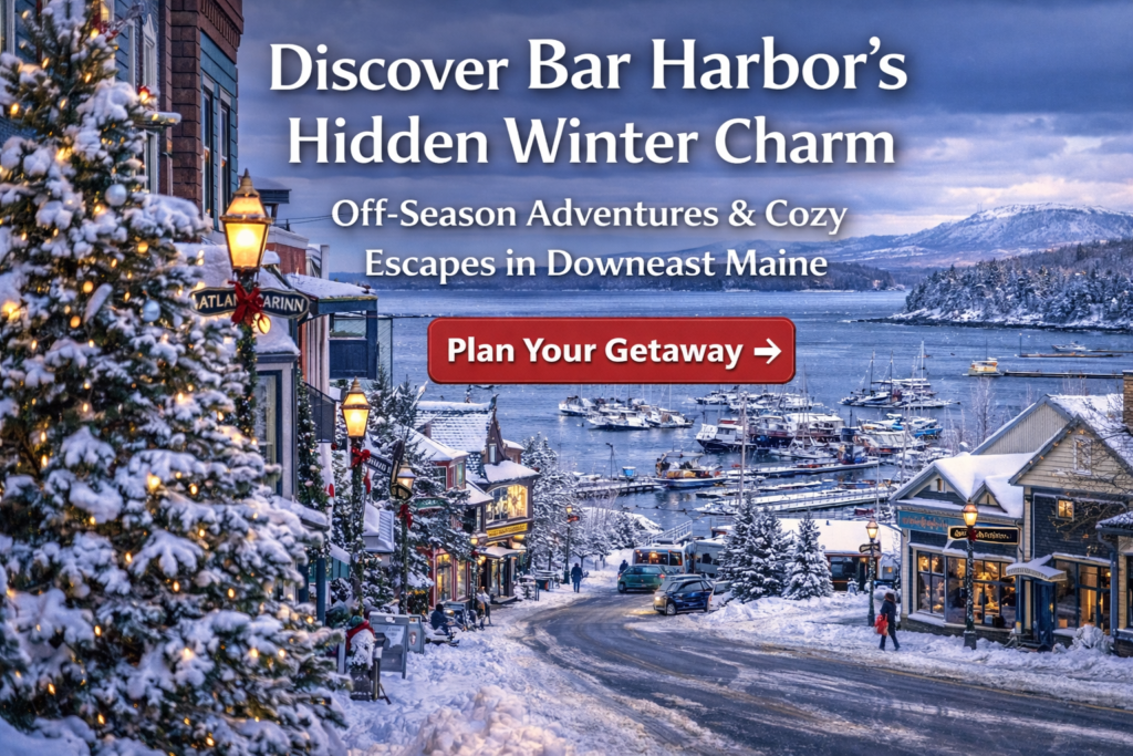 Snowy winter scene in Bar Harbor, Maine with coastal harbor views, evergreen trees, and a peaceful off-season atmosphere near Acadia National Park