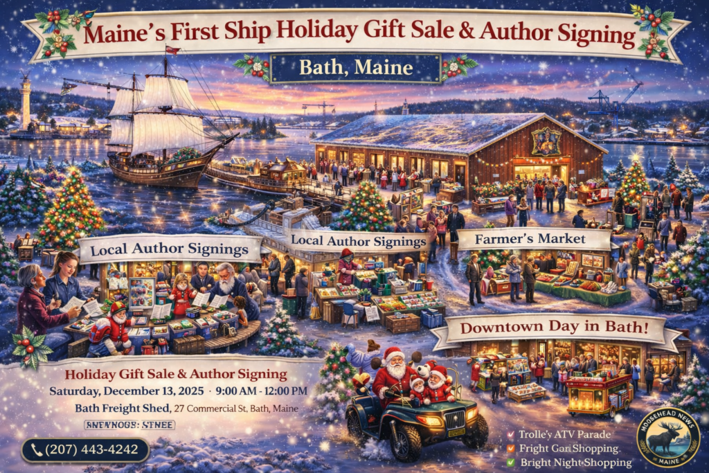Illustrated holiday map of Maine’s First Ship Holiday Gift Sale & Author Signing 2025 at Bath Freight Shed in Bath, Maine, featuring the Virginia tall ship, local author signings, festive Christmas market booths, Santa ATV parade, and Downtown Day celebrations.