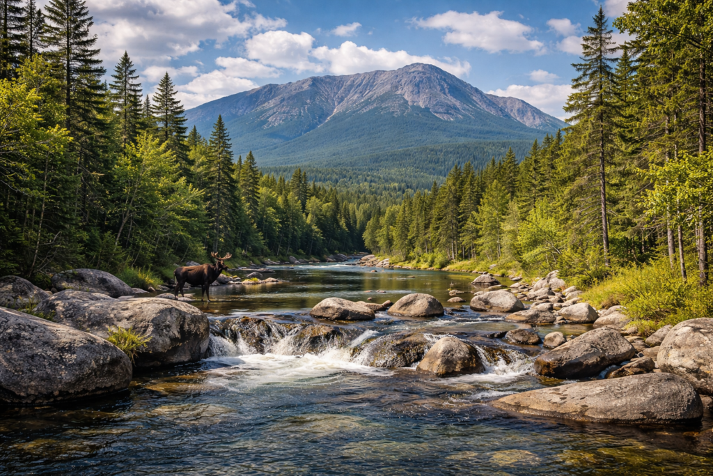 Panoramic view of Baxter State Park in Maine with Mount Katahdin rising above pristine forest, alpine lakes, and untouched wilderness under vibrant summer skies.