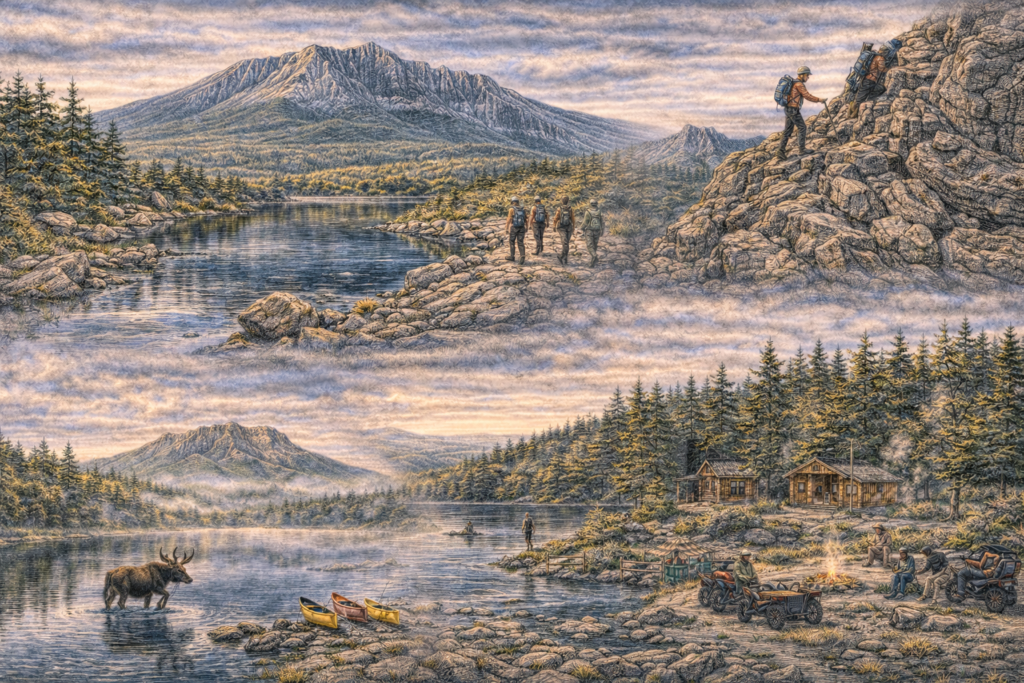 Detailed illustrated map of Baxter State Park in Maine featuring Mount Katahdin, Knife Edge Trail, Chimney Pond, Sandy Stream Pond, and surrounding North Woods wilderness in vibrant natural colors.