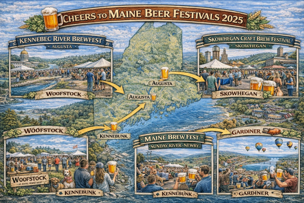 Illustrated 16:9 map of Maine highlighting 2025 beer festivals in Kennebunk, Augusta, Skowhegan, Newry at Sunday River, and Gardiner, featuring scenic coastal views, riverfront parks, mountain landscapes, and craft beer celebrations.