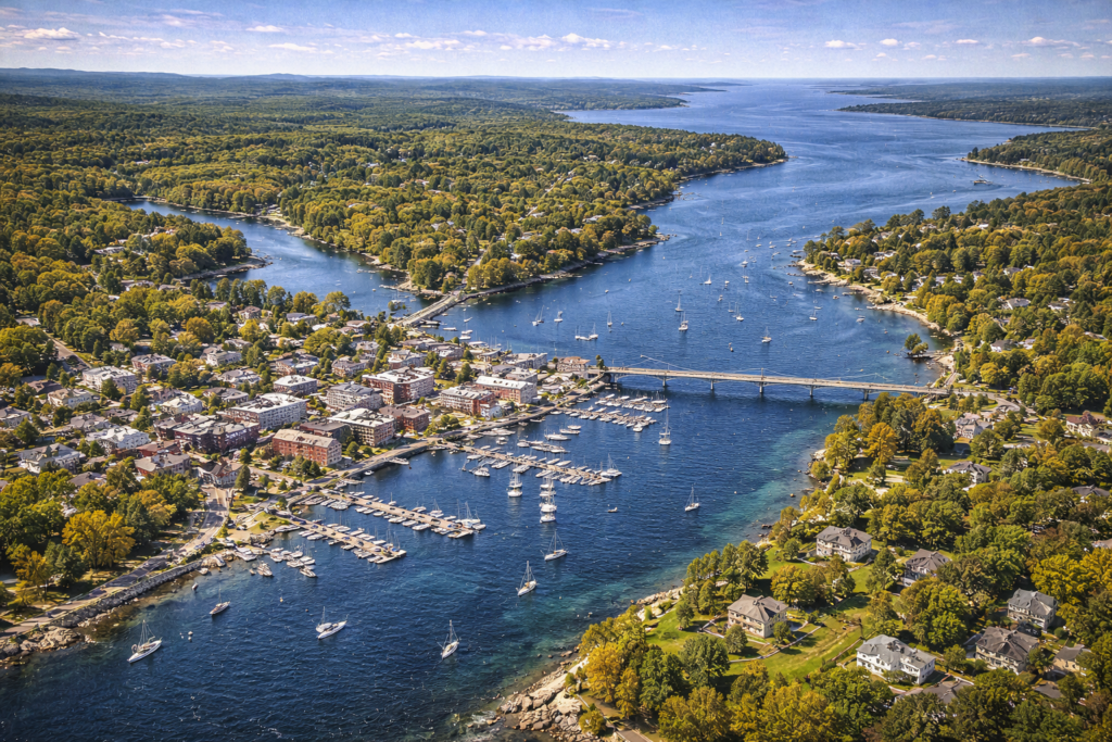 Aerial view of Belfast, Maine harbor on Penobscot Bay featuring the Armistice Footbridge, sailboats, historic downtown, and vibrant coastal foliage under bright blue skies.