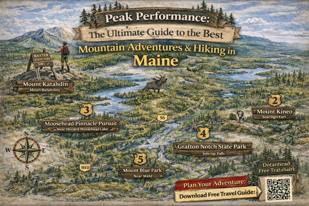 Illustrated map of Maine highlighting top mountain hiking destinations including Mount Katahdin, Moosehead Lake Region, Grafton Notch, Mt. Blue State Park, and Katahdin Woods and Waters.