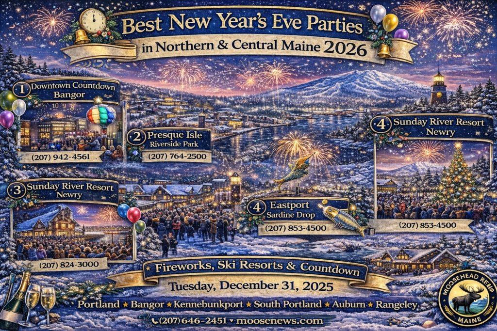 Illustrated 16:9 map-style image showcasing the best New Year’s Eve 2026 parties in Northern and Central Maine, featuring Bangor Downtown Countdown, Presque Isle fireworks, Eastport Sardine Drop, Sunday River Resort, and Sugarloaf Mountain with winter fireworks and snowy scenery.