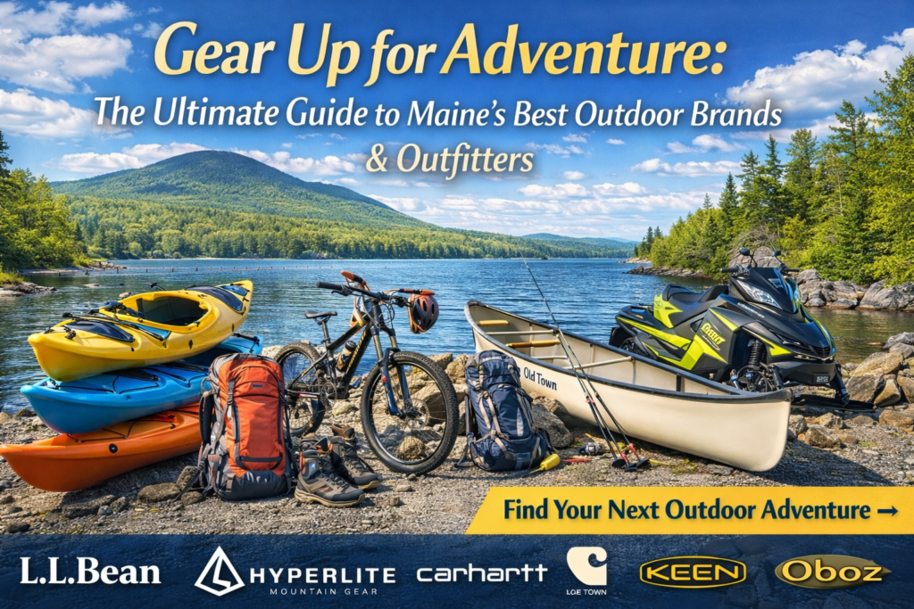 Outdoor gear and sport rentals in Maine Highlands near Moosehead Lake featuring hiking, kayaking, snowboarding, and Maine-made outdoor brands in a vibrant 16:9 promotional image.