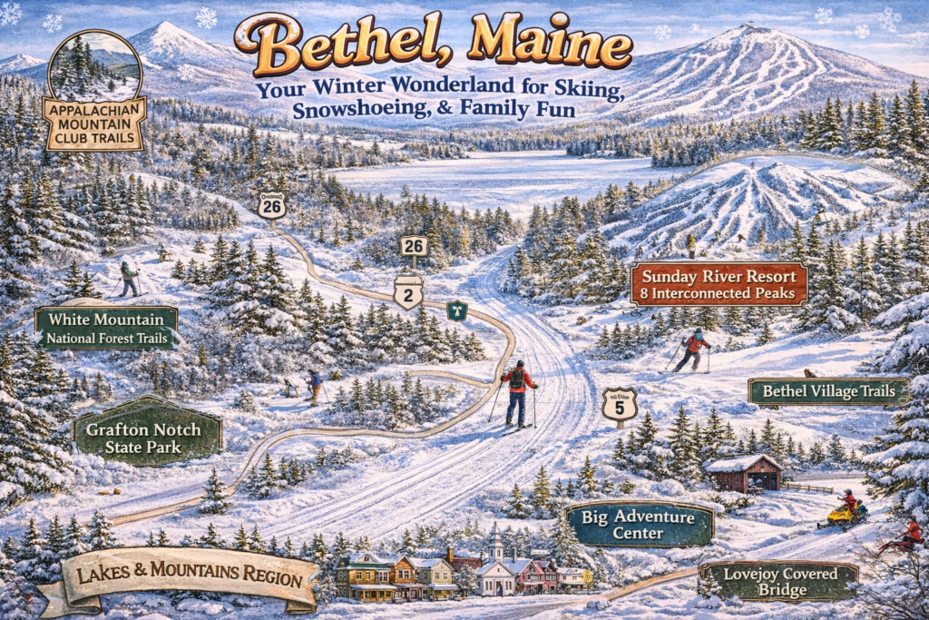 Illustrated winter map of Bethel, Maine highlighting Sunday River Resort, Mt. Abram, Bethel Village Trails, Grafton Notch State Park, and nearby snowmobiling routes surrounded by mountains and forests