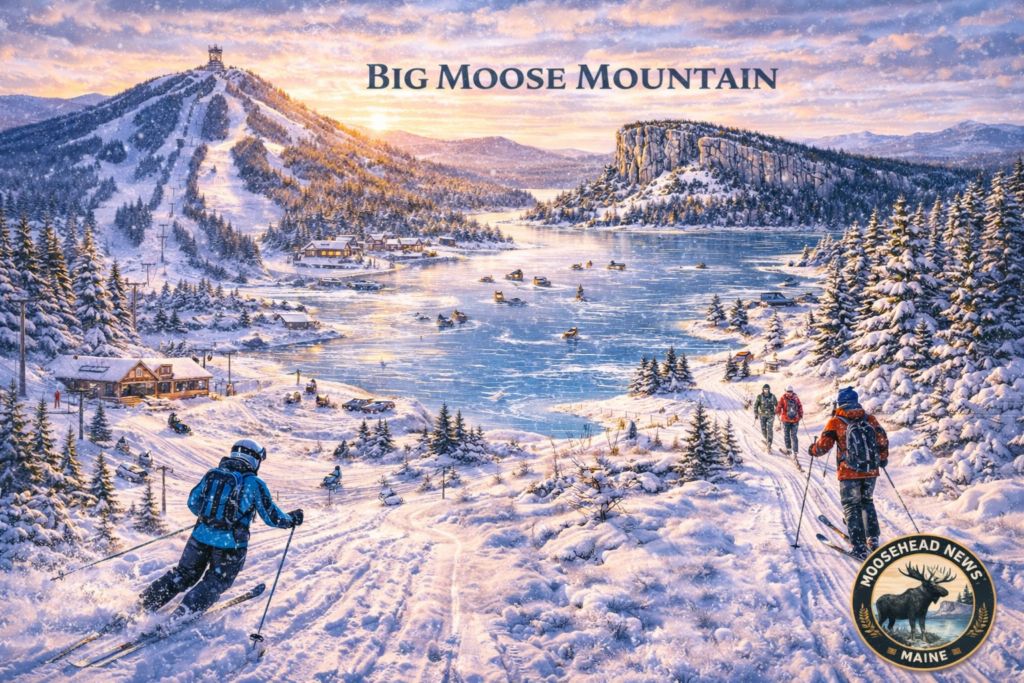 Big Moose Mountain overlooking frozen Moosehead Lake in winter with skiers, Nordic trails, Mount Kineo cliffs, and Moosehead News logo in Rockwood, Maine.