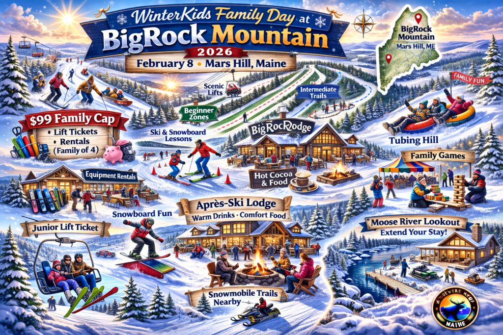 Illustrated 16:9 event map of WinterKids Family Day at BigRock Mountain 2026 in Mars Hill Maine featuring beginner ski zones, intermediate trails, tubing hill, BigRock Lodge, equipment rentals, $99 family cap ski deal, and Moosehead News logo.