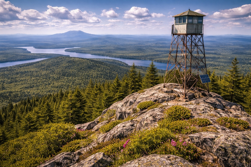 Panoramic view from Big Spencer Mountain near Rockwood, Maine, showing rugged granite terrain, dense North Woods forest, and distant mountain ranges under clear skies.