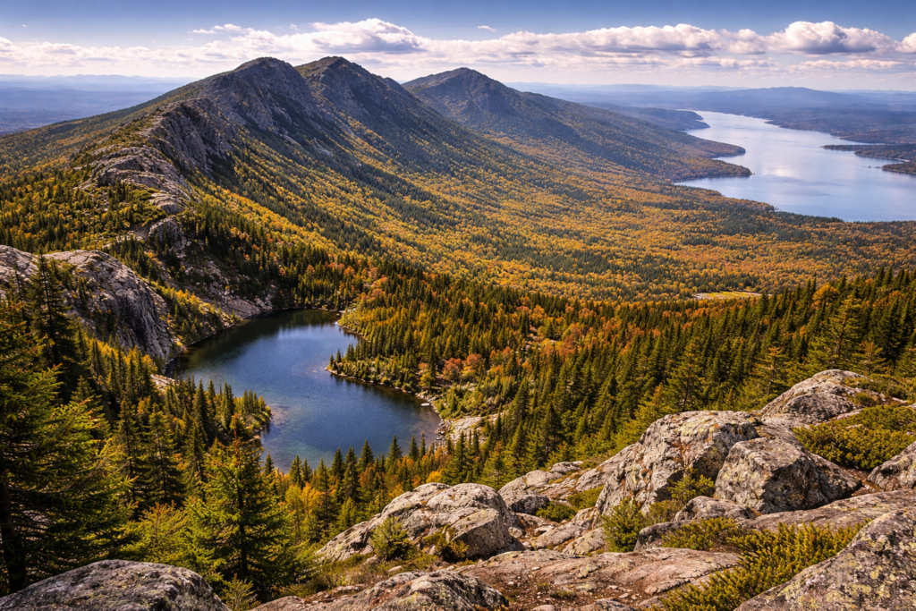 Panoramic view of the Bigelow Preserve in western Maine with rugged mountain peaks, alpine ridgelines, dense forests, and Flagstaff Lake under vibrant natural skies.
