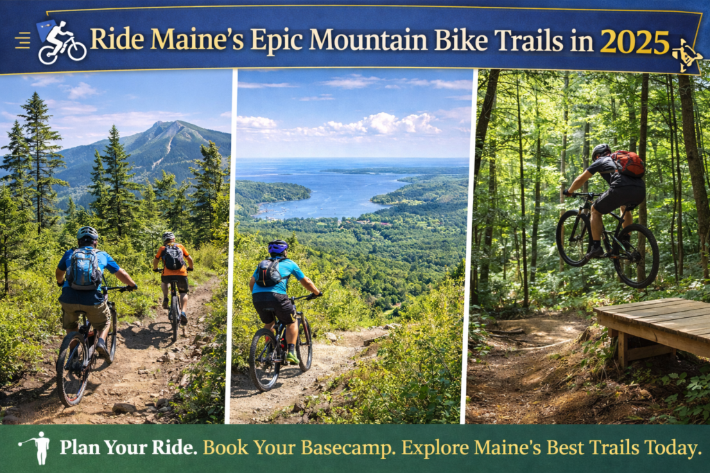 Mountain bikers riding scenic singletrack trails in Maine featuring Sugarloaf, Bethel, Bangor, and Midcoast forest terrain with vibrant summer foliage and mountain backdrops.