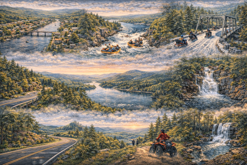 Collage of Bingham, Maine showcasing whitewater rafting on the Kennebec River, snowmobiling across a steel bridge, ATV riding in forest trails, Houston Brook Falls waterfall, scenic Route 201 drive, and aerial view of the Kennebec Valley mountains.