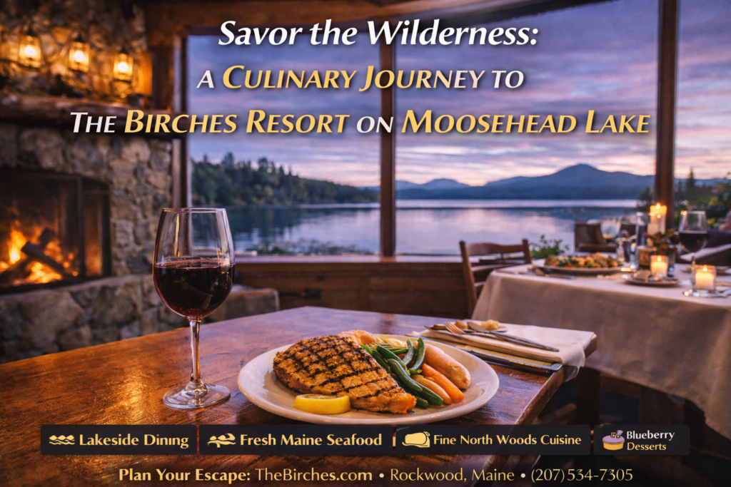 Lakeside dining room at The Birches Resort on Moosehead Lake with rustic log interior, stone fireplace, and panoramic water views in Greenville, Maine