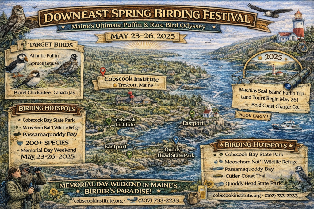 Illustrated event map of Downeast Spring Birding Festival 2025 in Washington County Maine featuring Cobscook Institute, Machias Seal Island puffins, Moosehorn National Wildlife Refuge, and coastal birding hotspots along the Bold Coast.