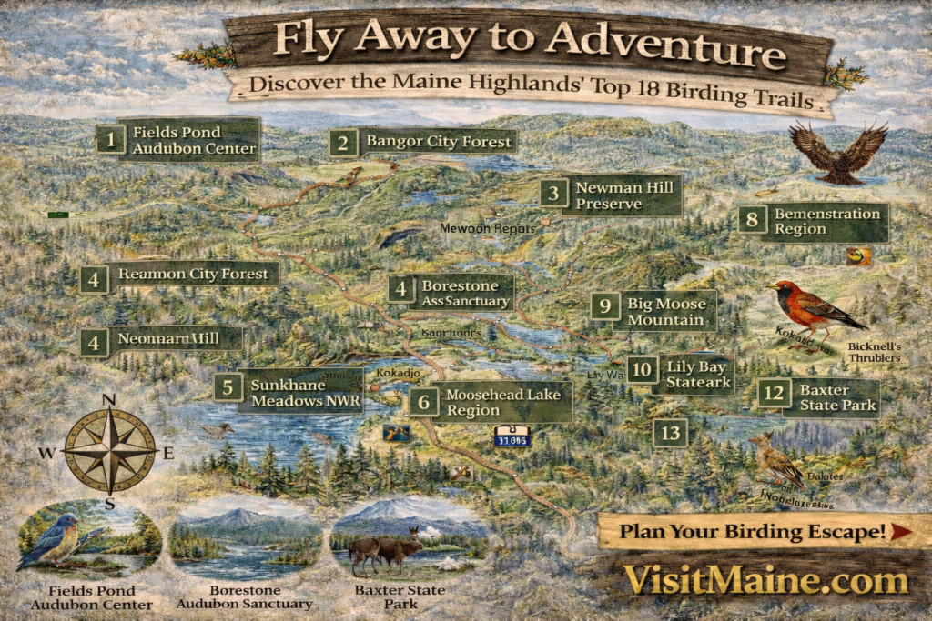 Illustrated map highlighting top birding trails across the Maine Highlands, including wetlands, forests, lakes, and mountain habitats near Bangor, Moosehead Lake, and Baxter State Park.