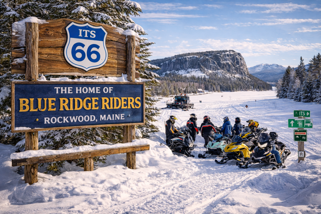 Snowmobilers riding groomed ITS 66 trails near Rockwood Maine with Moosehead Lake, Mt. Kineo, and the Blue Ridge Mountains in the background on a clear winter day.