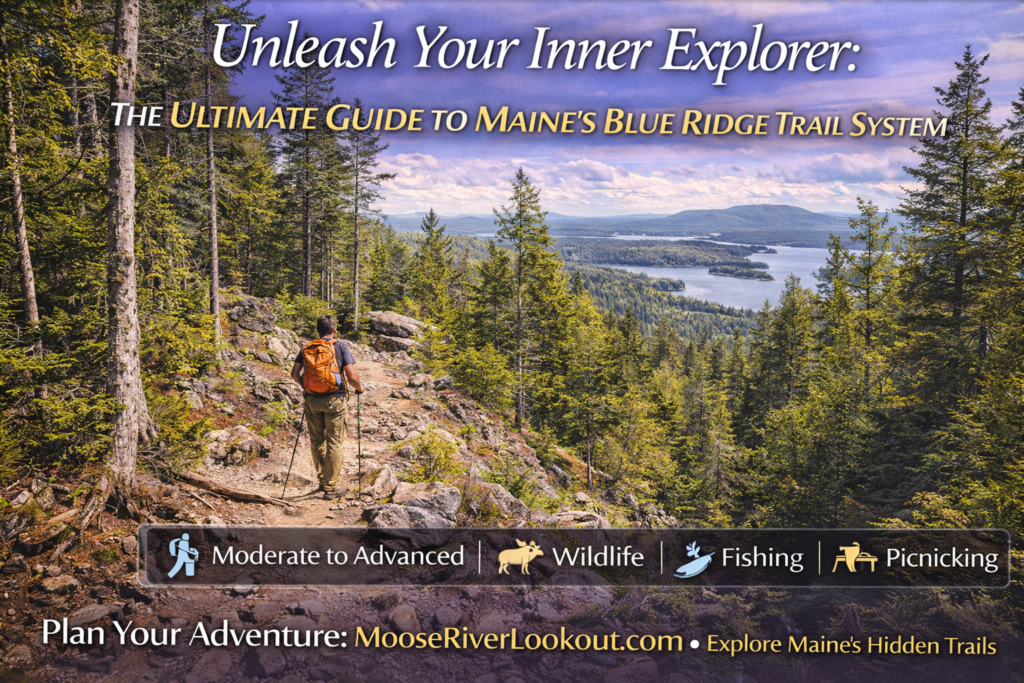 Hikers exploring Maine’s Blue Ridge Trail System near Moosehead Lake with forested ridgelines, clear ponds, and mountain views in natural summer light