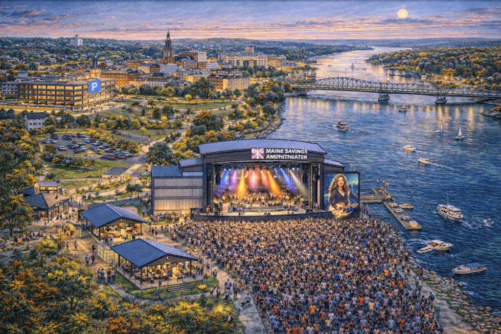 Aerial view of Bonnie Raitt performing live at Maine Savings Amphitheater in Bangor, Maine, with a large crowd along the Penobscot River at sunset.