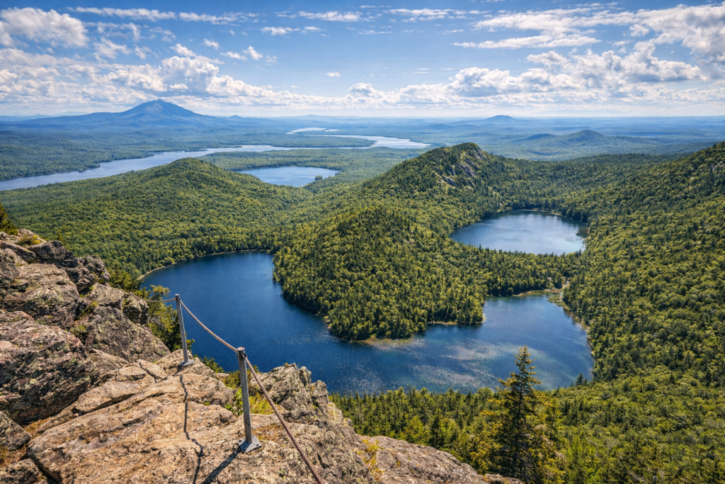 Panoramic view from Borestone Mountain Audubon Sanctuary showing granite summit, forested ridgelines, and pristine ponds deep within Maine’s 100-Mile Wilderness.