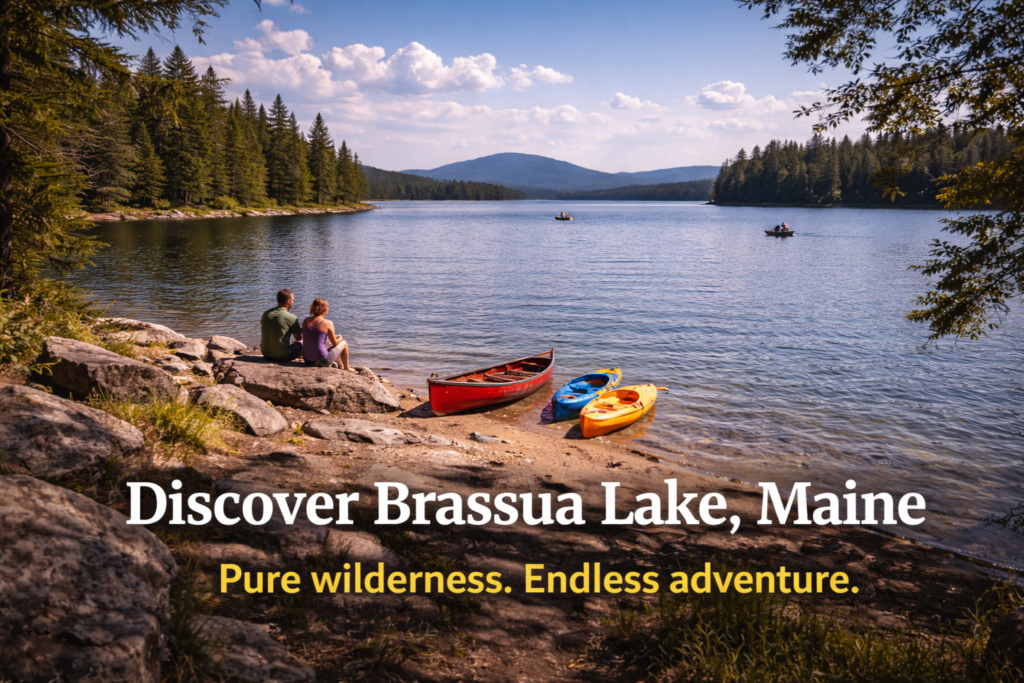 Brassua Lake in Maine’s Highlands with clear blue water, forested shoreline, and distant mountains under a bright summer sky