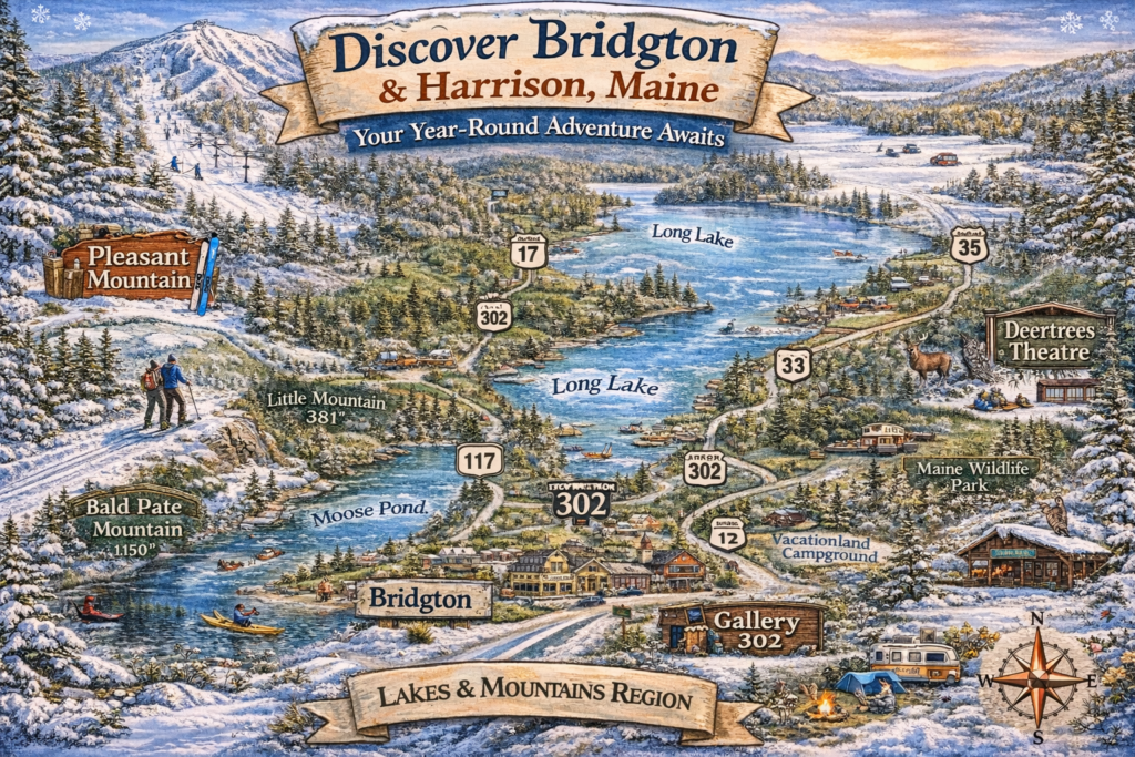 Illustrated map of Bridgton and Harrison Maine showing Pleasant Mountain, Long Lake, Moose Pond, ski areas, lakes, trails, and nearby outdoor attractions in the Lakes and Mountains region.