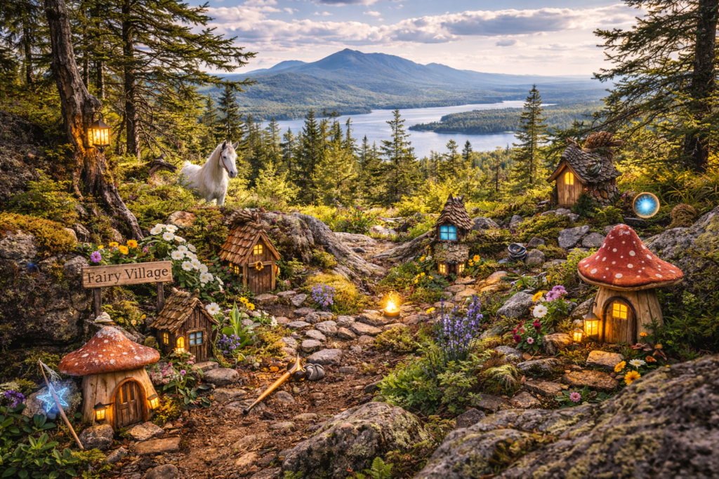 Enchanted forest scene on Burnt Jacket Mountain in Greenville, Maine, featuring moss-covered stones, tiny fairy houses, woodland details, and views of the Moosehead Lake region.