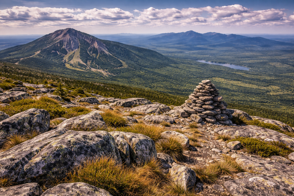 Rocky alpine summit of Burnt Mountain in Carrabassett Valley, Maine, with sweeping views of Sugarloaf and the Bigelow Range under clear skies.