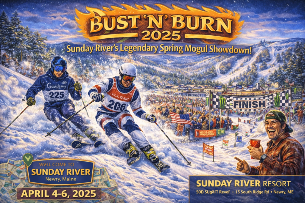 Bust ’N’ Burn 2025 mogul skiers racing down White Heat trail at Sunday River Resort in Newry, Maine during the legendary spring skiing showdown.