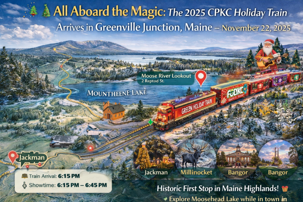 2025 CPKC Holiday Train arriving at Greenville Junction Depot in Maine with festive lights, crowd gathering, and Moosehead Lake region map background.