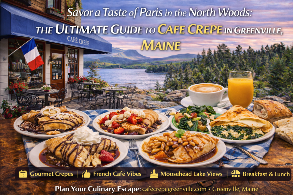 Freshly made sweet and savory French crepes served at Cafe Crepe in Greenville, Maine, with Moosehead Lake views and cozy café atmosphere.