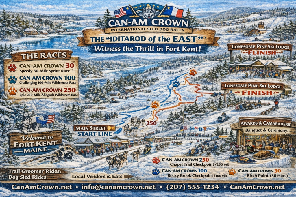 Illustrated winter event map of the Can-Am Crown International Sled Dog Races in Fort Kent, Maine showing race routes for the 30-, 100-, and 250-mile sled dog races, the Main Street start line, Lonesome Pine Ski Lodge finish, checkpoints, spectators, mushers, and snowy North Woods scenery.