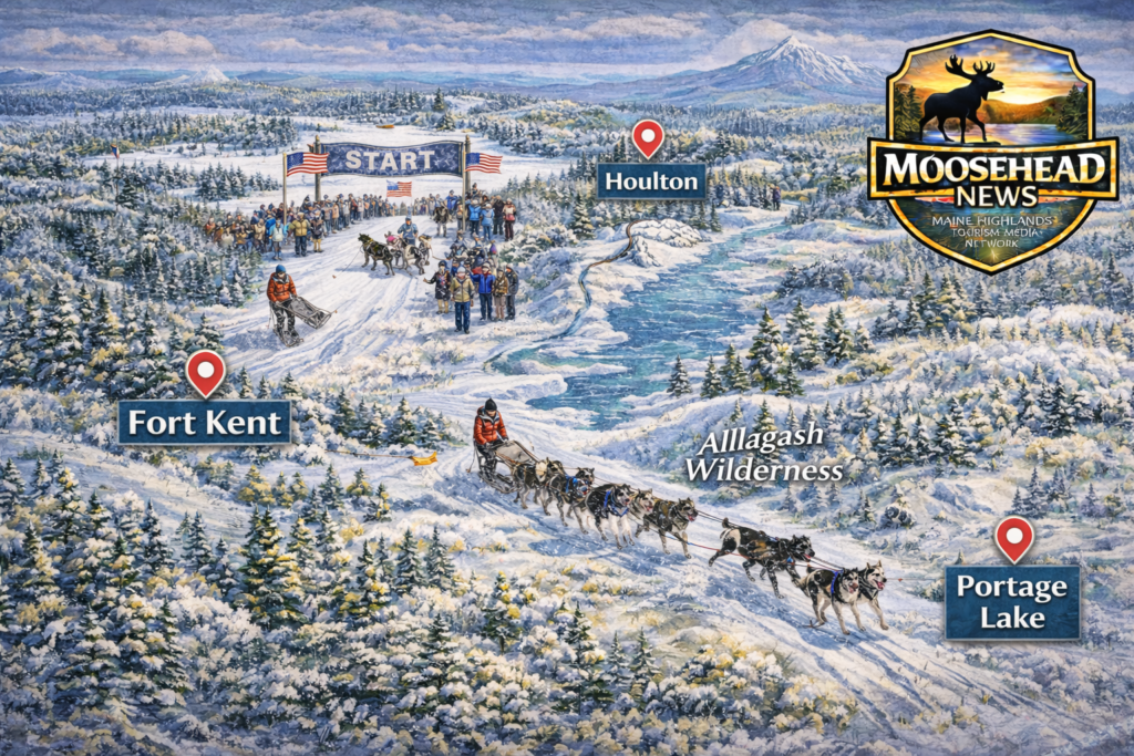 Illustrated winter map of Northern Maine showing sled dog teams racing during the 2026 Can-Am Crown in Fort Kent with Allagash Wilderness and Portage Lake highlighted, Moosehead News logo displayed.