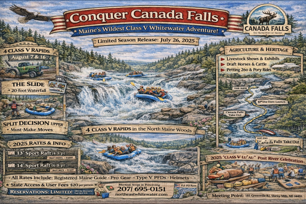 Illustrated event map of Canada Falls Class V whitewater rafting on the South Branch of the Penobscot River in Maine, featuring The Slide waterfall, Split Decision rapids, launch and take-out points, and 2025 July 26 release details.